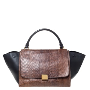 Celine Black/Brown Leather and Python Medium Trapeze Bag
