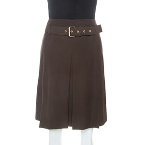 Celine Brown Wool Pleat Detail Belted Skirt S