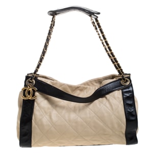 Chanel Beige/Black Quilted Leather Chain Tote