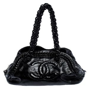 Chanel Black Patent Leather Medium Luxe Ligne Bowler Bag