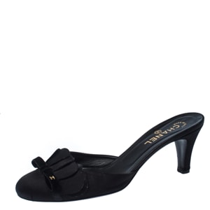 Chanel Black Satin Flower Bow CC Sandals Size 41.5