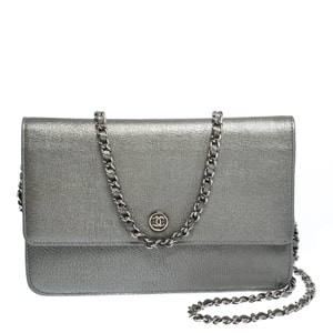 Chanel Metallic Grey Leather CC Flap Wallet On Chain