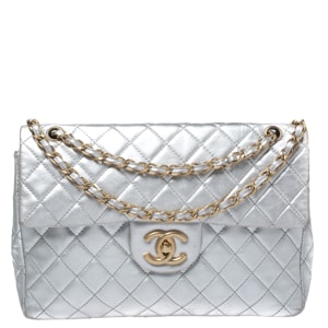 Chanel Metallic Silver Quilted Leather Maxi Classic Single Flap Bag