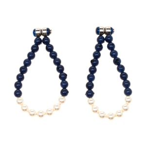 Chanel Navy Blue Bead Faux Pearl Magnetic Hoop Earrings