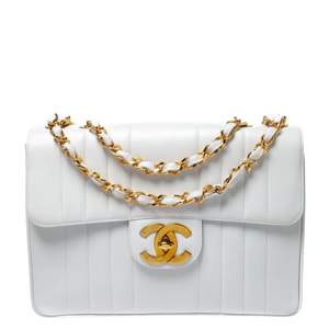 Chanel White Vertical Quilted Leather Jumbo Vintage Classic Single Flap Bag