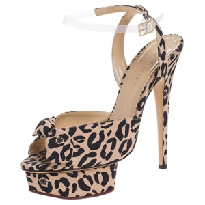 Charlotte Olympia Beige Leopard Print Fabric Bow Platform Ankle Strap Sandals Size 39.5