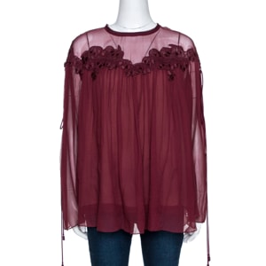 Chloe Plum Red Silk Lace Trim Tie Detail Gathered Blouse M