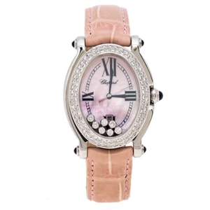Chopard Pink Mother of Pearl Stainless Steel Leather Diamonds Happy Sport 27/8418-23 Women's Wristwatch 29 mm