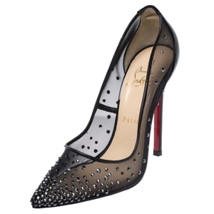 Christian Louboutin Black Crystal Embellished Mesh and Patent Leather Follies Strass Pumps Size 38.5