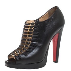 Christian Louboutin Black Leather Manon Buckle Detail Open Toe Ankle Boots Size 38