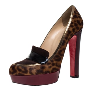 Christian Louboutin Brown Leopard Print Pony Hair And Suede Leather Trotitella Platform Loafer Pumps Size 40