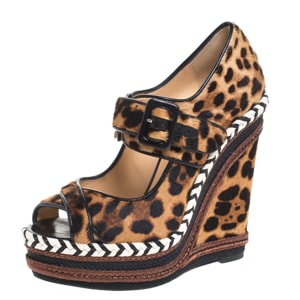 Christian Louboutin Leopard Print Calf Hair And Leather Trim Highlander Platform Sandals Size 38.5