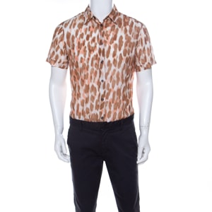 Class by Roberto Cavalli Brown Ikkat Leopard Print Cotton Short Sleeve Shirt S