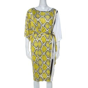 Class by Roberto Cavalli Yellow Snake Print Silk Jersey Short Sleeve Belted Dress L