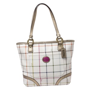 Coach White Checkered Coated Canvas Tote