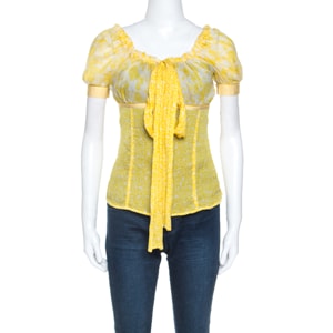 D & G Yellow Floral Print Sheer Silk Crepe Elasticized Neck Blouse S