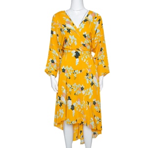 Diane von Furstenberg Yellow Floral Print Silk Eloise Wrap Dress M