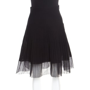 Dior Black Cotton Pleated Sheer Hem Detail Flared Midi Skirt M