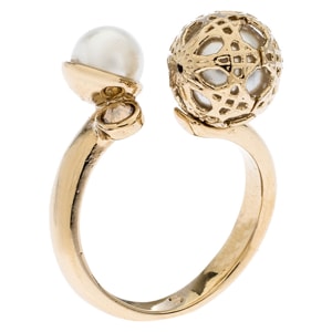Dior Cannage Faux Pearl Crystal Gold Tone Open Ring Size 51