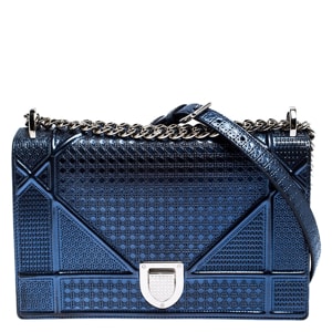Dior Metallic Blue Micro Cannage Patent Leather Medium Diorama Shoulder Bag