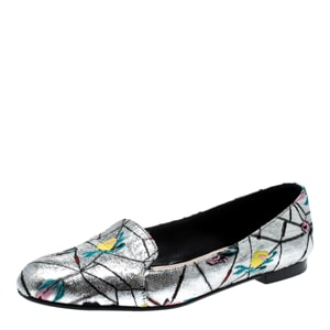 Dior Metallic Silver Floral Brocade Fabric Loafers Size 38.5