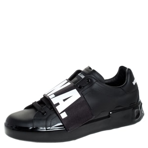 Dolce and Gabbana Black Elastic Logo Leather Melt Portofino Sneakers Size 40