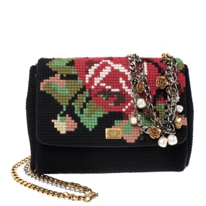 Dolce and Gabbana Black Floral Cross Stitch Fabric Miss Charles Crossbody Bag