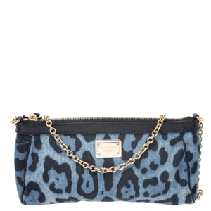 Dolce and Gabbana Blue/Black Leopard Print Denim Chain Shoulder Bag