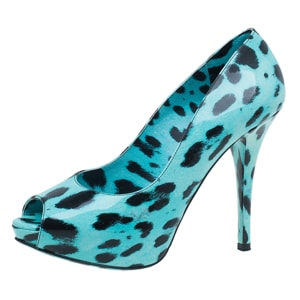 Dolce and Gabbana Blue Leopard Print Leather Peep Toe Pumps Size 38