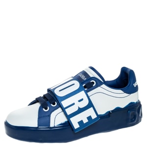 Dolce and Gabbana Blue/White Elastic Logo Leather Melt Portofino Sneakers Size 35