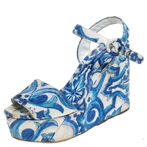 Dolce and Gabbana Blue/White Majolica Print Canvas Ankle Strap Wedge Sandals Size 38.5