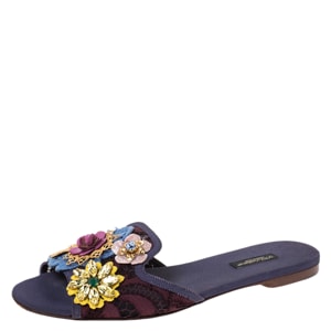 Dolce and Gabbana Brown/Purple Lace Crystal Flower Embellished Flat Slides Size 39