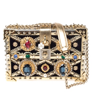 Dolce and Gabbana Metallic Gold Crystal Embellished Leather and Velvet Box Pad lock Shoulder Bag