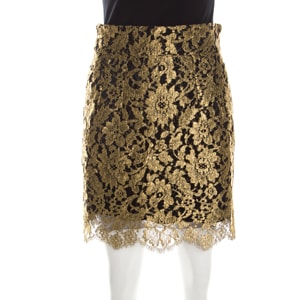 Dolce and Gabbana Metallic Gold Lace Overlay Scalloped Mini Skirt S