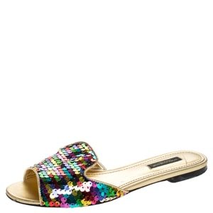 Dolce and Gabbana Multicolor Sequin Fabric And Leather Trim Flat Slides Size 37.5