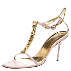 Dolce and Gabbana Pink Leather Sex Chain Detail Ankle Strap Sandals Size 40