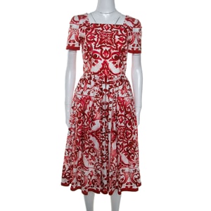 Dolce and Gabbana Red Majolica Printed Cotton Pleated Midi Dress S