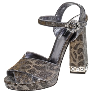 Dolce and Gabbana Silver/Gold Glitter Fabric Brooch Buckle Ankle Strap Block Heel Sandals Size 40