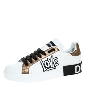 Dolce and Gabbana White/Gold Leather Portofino Low Top Sneakers Size 36