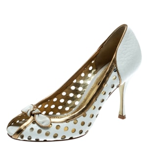 Dolce and Gabbana White/Gold Perforated Leather Bow Detail Peep Toe Pumps Size 36.5