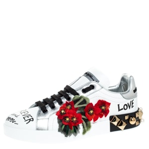 Dolce and Gabbana White Leather Portofino Flower Embellished Low Top Sneakers Size 40