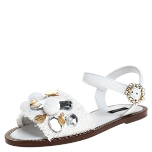 Dolce and Gabbana White Patent Leather And Raffia Pom Pom Crystal Embellished Flat Sandals Size 35.5