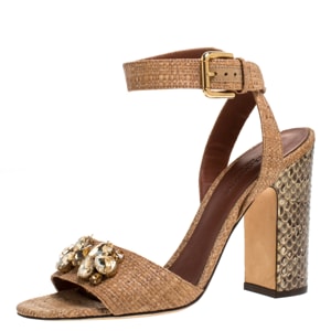 Dolce & Gabbana Beige Jeweled Raffia & Snakeskin Sandals Size 40