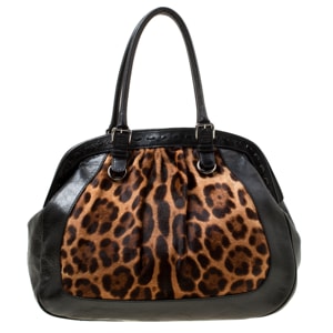 Dolce & Gabbana Black/Brown Leopard Print Calf Hair and Leather Miss Romantique Satchel