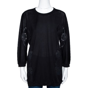 Dolce & Gabbana Black Cashmere Silk Lace Trim Long Sleeve Top L