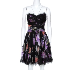 Dolce & Gabbana Black Floral Print Silk Lace Trim Strapless Dress S