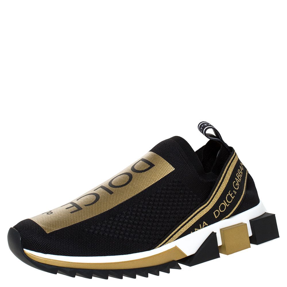 Dolce & Gabbana Black/Gold Stretch Jersey Logo Print Slip On Sneakers Size 40.5