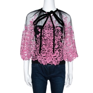 Dolce & Gabbana Black & Pink Guipure Lace Sheer Cape Top IT 40