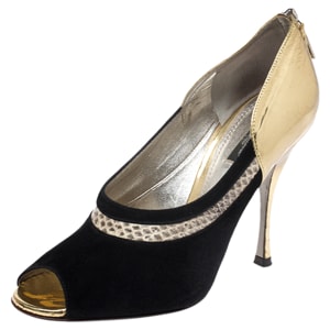 Dolce & Gabbana Black Suede, Python Trim and Metallic Gold Leather Open Toe Pumps Size 39.5