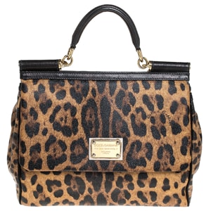 Dolce & Gabbana Brown Leopard Print Coated Canvas Large Miss Sicily Top Handle Bag